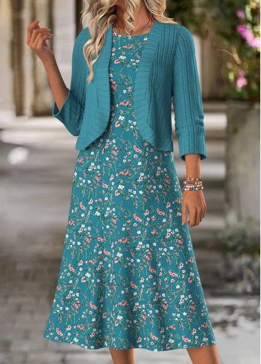 Modlily Peacock Blue Tummy Coverage Bracelet Sleeve Dress and Cardigan - XXL