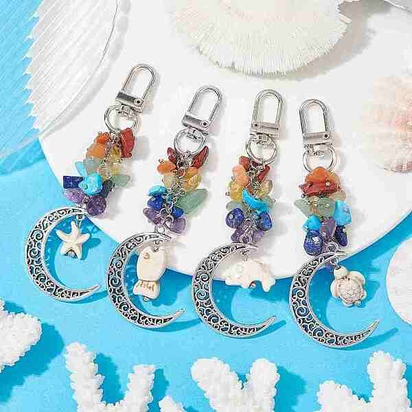 Alloy Moon & Synthetic Turquoise Sea Animals Pendant Decorations