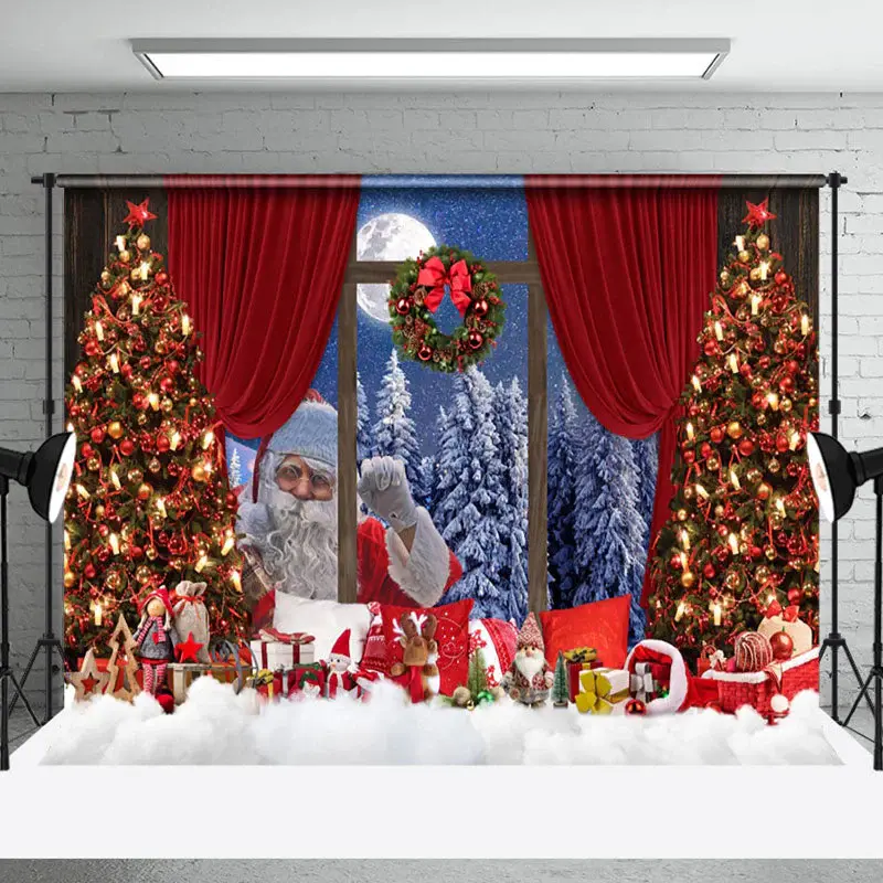 Aperturee Xmas Tree Santa Outside Window Christmas Backdrop