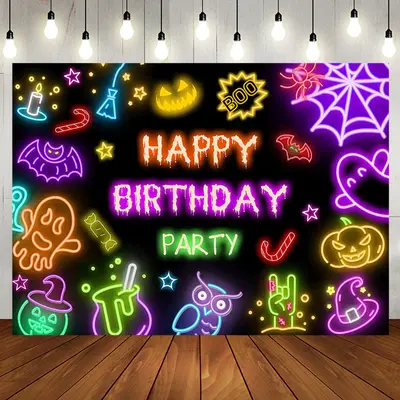 Black Neon Halloween Happy Birthday Party Backdrop - Aperturee