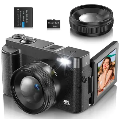 4K Video Recording Digital Camera, 48MP Auto Focus Pixel Digital Camera with 16X Digital Zoom, Entry Level Camera with 32G M...
