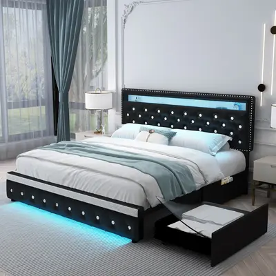 Sibeds Queen Size Bed Frame with LED Lights PU Upholstered Platform Bed with Storage Drawers Adjustable Crystal Button Tufted...