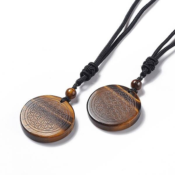 Natural Tiger Eye Flat Round with Flower of Life Pendant Necklace with Nylon Cord for Women