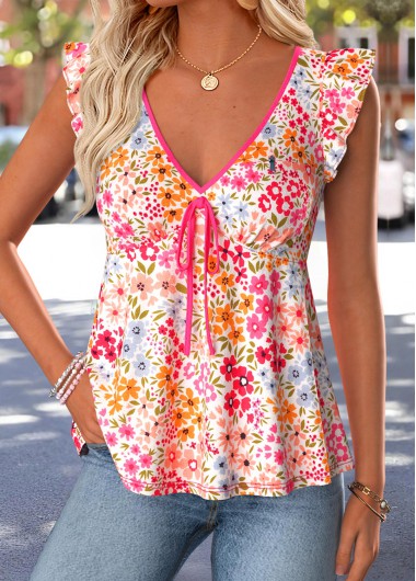 Modlily Pink Ditsy Floral Print Peplum Short Sleeve Tank Top - M