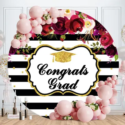 Aperturee Dark Red Floral Round Congrats Grad Backdrop