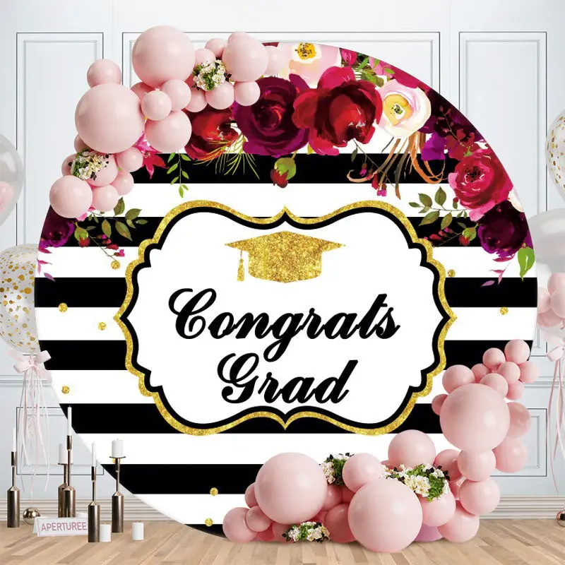 Aperturee Dark Red Floral Round Congrats Grad Backdrop