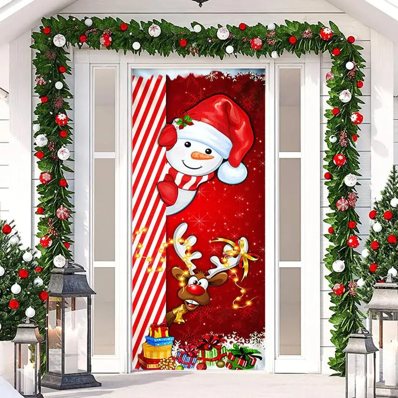 Red Sparkle Cute Snowman Elk Christmas Door Cover - Aperturee