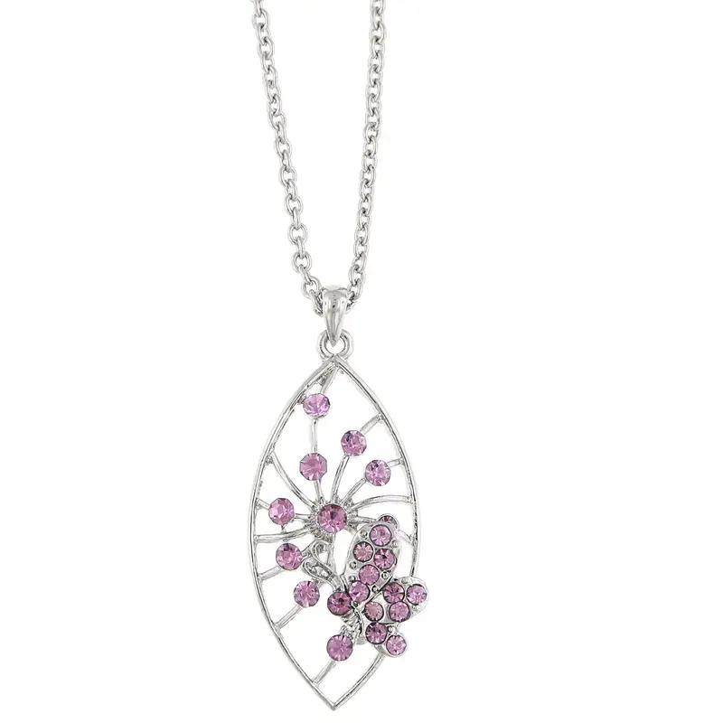Silver-Tone Lt. Amethyst Pave Butterfly Necklace Pendant Necklace 16\