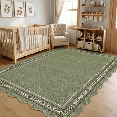 Garvee Washable Rugs for Entryway 4x6 Area Rug Scalloped Solid Green Living Room Area Rug Non Slip Soft Non Shedding Low Pile...