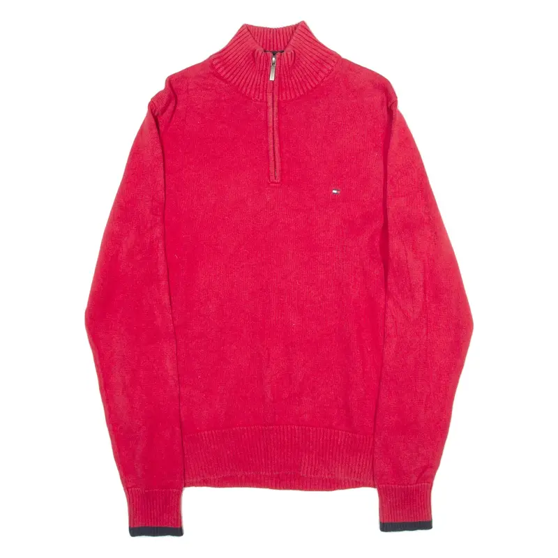 TOMMY HILFIGER Premium Cotton Mens Jumper Red 1/4 Zip Tight Knit M
