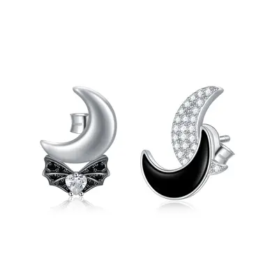 Sterling Silver Two-tone Round Zircon Bat & Moon Stud Earrings