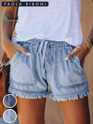 Women's Plain Drawstring Waist Denim Shorts, Casual Fashion Pocket Shorts for Daily Wear, Ladies Summer Bottoms