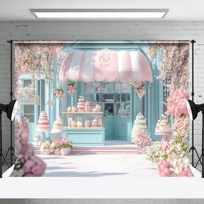 Aperturee Spring Floral Blue Dessert Shop Cake Smash Backdrop, 3X2FT(1MX0.6M), 14 USD, birthday cake smash backdrops, NYHD1J2...
