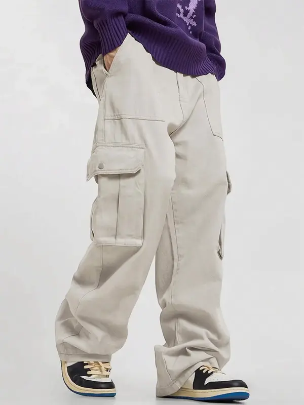 Men's Solid Flap Pocket Drawstring Waist Cargo Pants, Loose Street Fashion Streetwear Multi-pocket Work Trousers, 2000s Comfy...