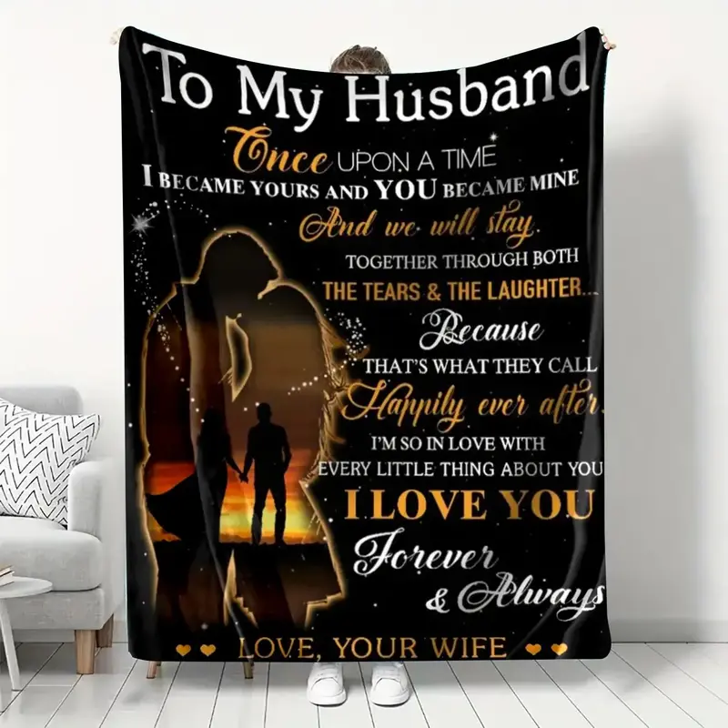 To My Husband Letter & Couple Pattern Blanket, Soft Comfortable Warm Throw, Air-conditioned Room Nap Blanket for Home Office ...