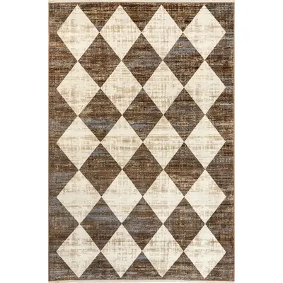 Meline Checkered Fringe Area Rug with Checkered Pattern and Classic Design Bedroom