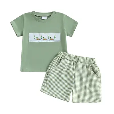 Toddler Baby Boy Shorts Outfits Set Duck Embroidery Short Sleeve Tops T-shirts Plaid Shorts 2 Piece Summer Clothes