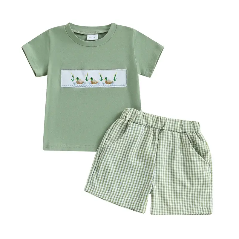 Toddler Baby Boy Shorts Outfits Set Duck Embroidery Short Sleeve Tops T-shirts Plaid Shorts 2 Piece Summer Clothes