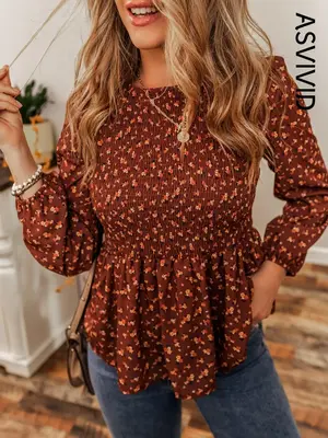 Women's Ditsy Floral Print Peplum Shirred Blouse, Peplum Top, Going Out Tops, Casual Bishop Sleeve Round Neck Top for Daily W...