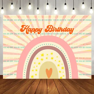 Pink Rainbow Stripe Boho Happy Birthday Backdrop - Aperturee
