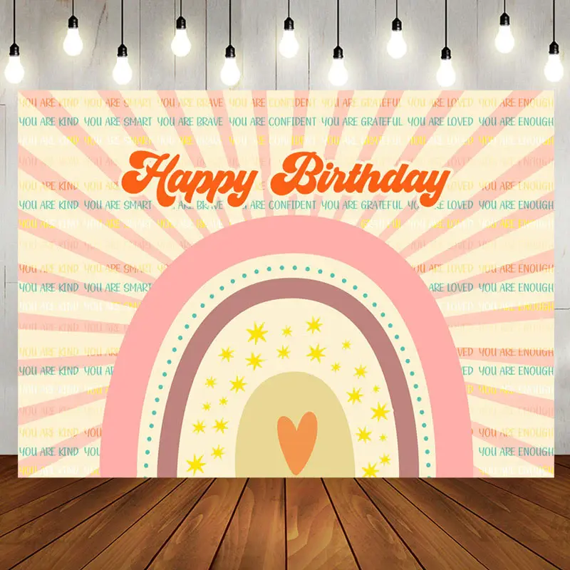 Pink Rainbow Stripe Boho Happy Birthday Backdrop - Aperturee