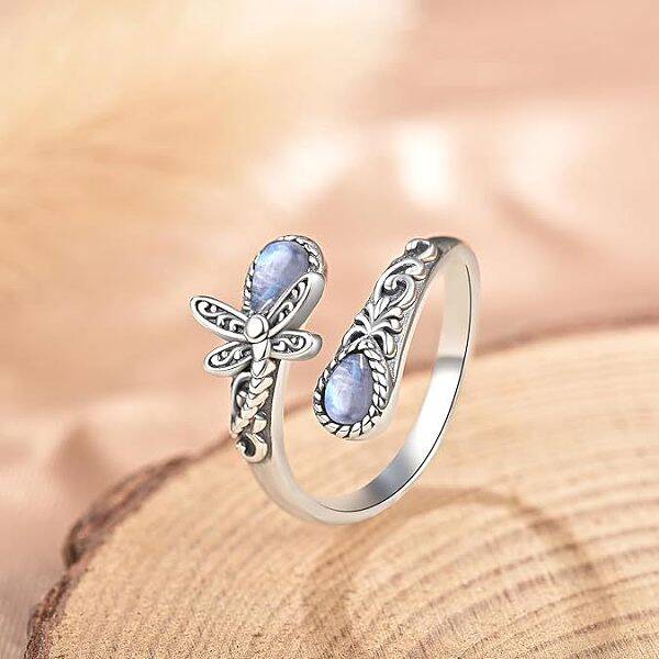 Teardrop & Dragonfly Bohemian Style Zinc Alloy with Natural Moonstone Cuff Rings for Women