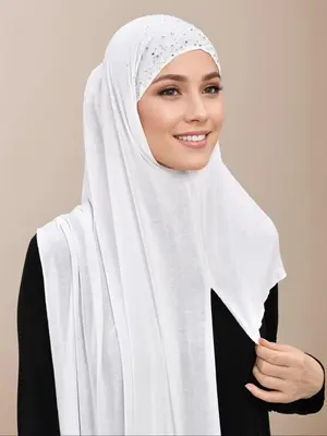 Women's Glittering Square Decor Instant Hijab, Modest Casual Comfortable Long Hijab for Daily Wear, Fashion Accessories for W...
