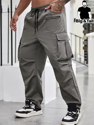Men's Plus Size Regular Fit Solid Flap Zipper Pocket Cargo Pants, Casual Drawstring Pants for Daily Wear, Fashion Plus Size T...