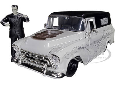 1957 Chevrolet Suburban Gray and Black with Graphics and Frankenstein Diecast Figurine \