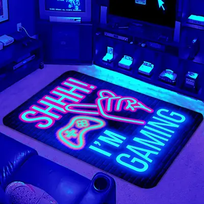 Gamepad & Letter Pattern Flannel Carpet, 1 Count UV Black Light Carpet, Non-slip Floor Mat, Decorative Area Rug for Home Liv...