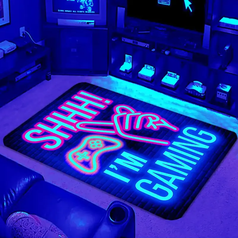 Gamepad & Letter Pattern Flannel Carpet, 1 Count UV Black Light Carpet, Non-slip Floor Mat, Decorative Area Rug for Home Liv...