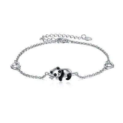 Sterling Silver Panda & Bamboo & Heart Charm Bracelet