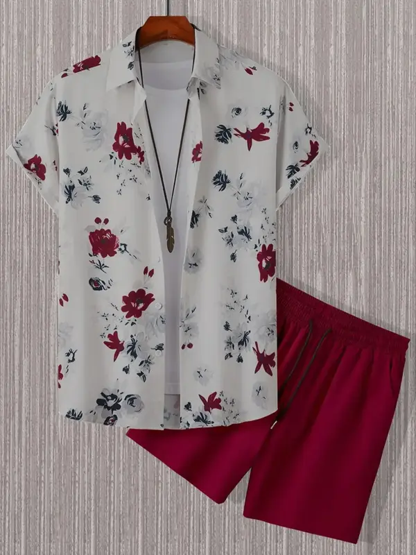 Two-Piece Set Men's Floral Print Button Front Shirt & Drawstring Waist Shorts Set, Regular Fit Casual Short Sleeve Top & Pock...