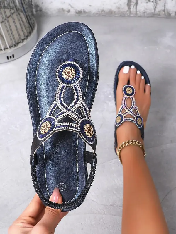 Women's Boho Style Rhinestone Design Sandals, Fashionable Flat Sandals for Summer, Lightweight Breathable Comfortable Shoes f...