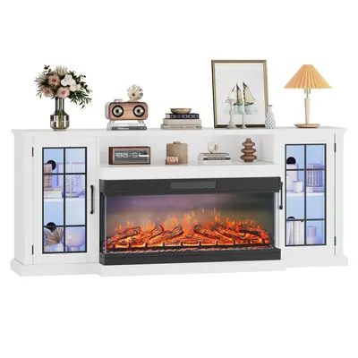 Garvee 75In 3-Sided Glass Fireplace TV Stand for TVs Up to 85 Rustic Distressed White Finish with LED Lights, Glass Door Sto...