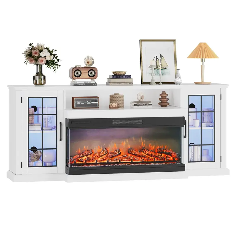 Garvee 75In 3-Sided Glass Fireplace TV Stand for TVs Up to 85 Rustic Distressed White Finish with LED Lights, Glass Door Sto...