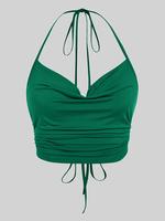 Women's Plain Ruched Backless Halter Cami Top, Solid Color Tie Back Camisole, Crop Tops for Women, Summer Casual Fashion Clot...