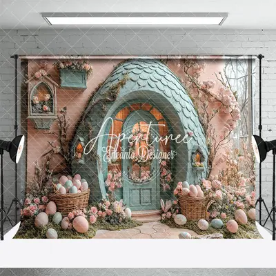 Aperturee Pink Green House Floral Eggs Easter Photo Backdrop, 3X2FT(1MX0.6M), 14 USD, easter backdrops, ENHD3J38-M