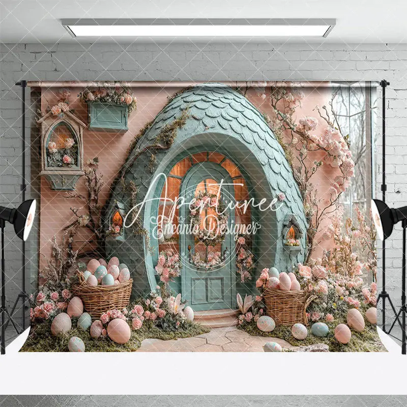 Aperturee Pink Green House Floral Eggs Easter Photo Backdrop, 3X2FT(1MX0.6M), 14 USD, easter backdrops, ENHD3J38-M