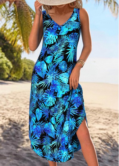 Modlily Plus Size Blue Tummy Coverage Leaf Print Sleeveless Dress - 2X