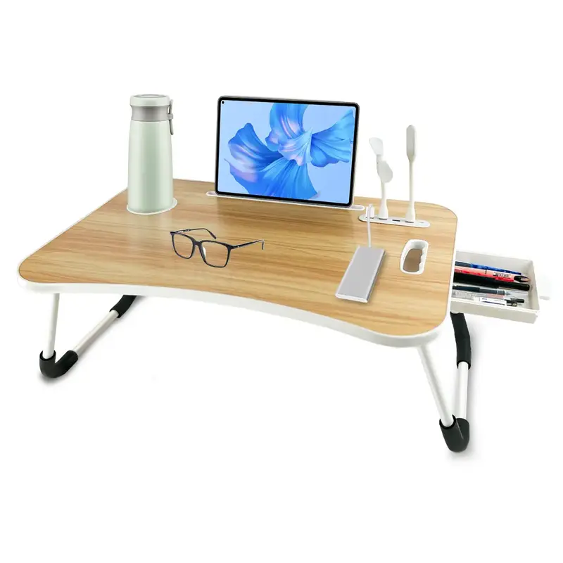 1pc Oversized Portable Laptop Bed Table - Foldable & Durable Wooden Computer Tray with Cup Holder, Drawer, USB, Fan & Light -...