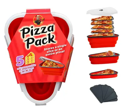 Pizza Pack Single and Multipacks Reusable BPA-Free Silicone Storage Container with Microwavable Trays, Red