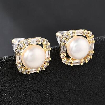 Brass Micro Pave Clear Cubic Zirconia Stud Earrings