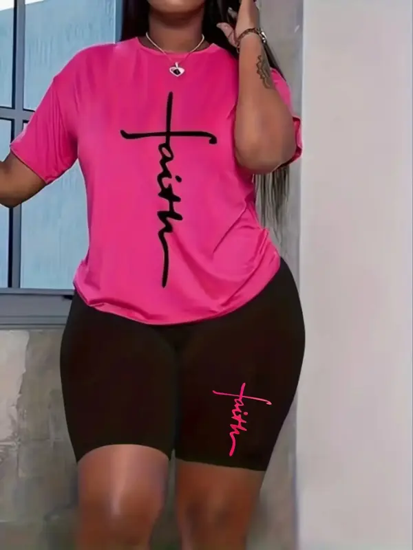 Women's Letter Print Shorts Set, Casual Short Sleeve T-Shirt & Track Shorts, Women's Clothing for Indoor Outdoor Wear