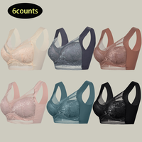 【6counts】Women's Plain Contrast Lace BraSoft Breathable Push Up Bra for Summer Wear,Lady Minimalist Basic Lingerie Top pu...