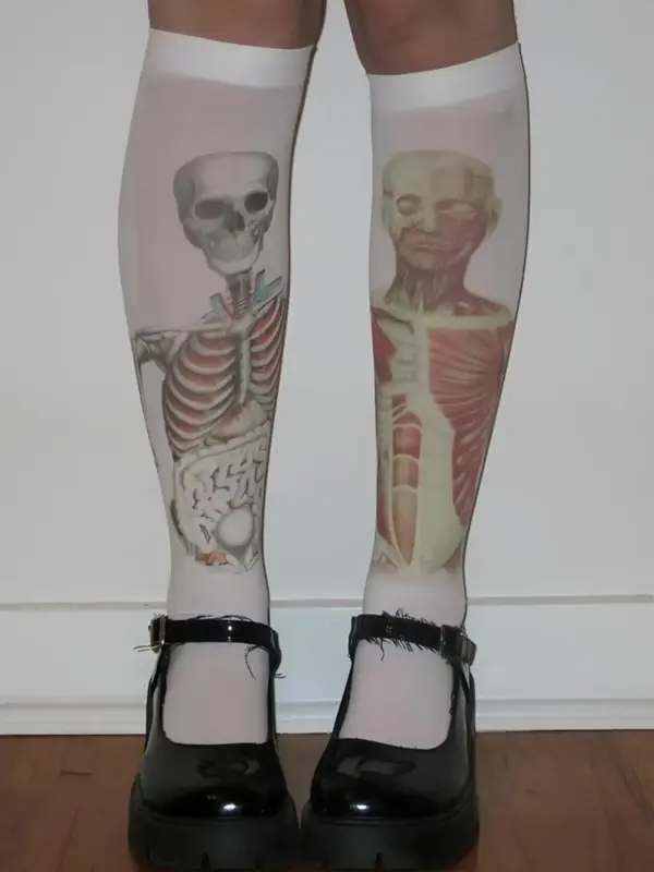 Gothic Skeleton Print Crew Socks, Vintage Aesthetic Dark Style, Unisex All-season Mid-calf Socks, Summer Fashion Footwear, Ac...