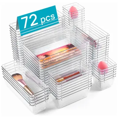 [New Deal] 72 Pcs Clear Plastic Drawer Organizers Set, 4-Size Versatile Bathroom and Vanity Drawer Organizer Trays drawer div...