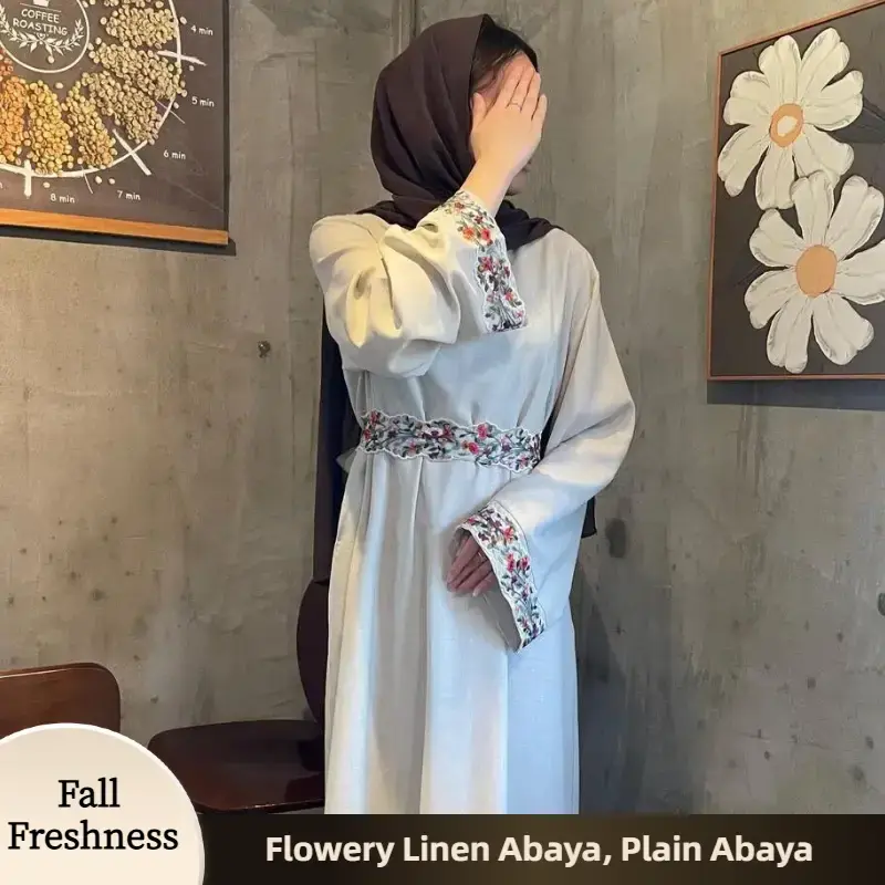 【FallFreshness】 CL23 Flowery Linen Abaya Chic Fit Polyester Fabric Soft Comfortable Modest Dress for Muslim Women Beige S...