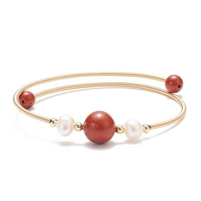 Natural Red Jasper & Pearl Round Beaded Bangle
