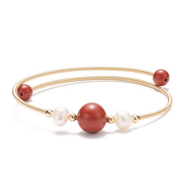 Natural Red Jasper & Pearl Round Beaded Bangle